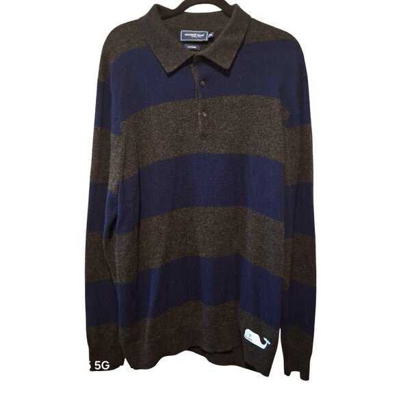 Vineyard Vines Mens XL Navy & Brown Striped 100% Cashmere Long Sleeve Polo Sweat - Picture 1 of 7